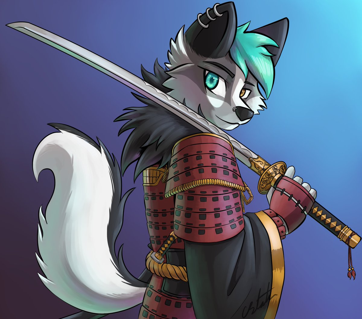 A commission piece I did for <a href="/GhostThaFox/">Ghost The Fox</a> for his obession of #BlueEyedSamurai
.
.
.
.
.
.
.
.
#furrycommision #furries #furryartist #furryartwork #furry #samurai