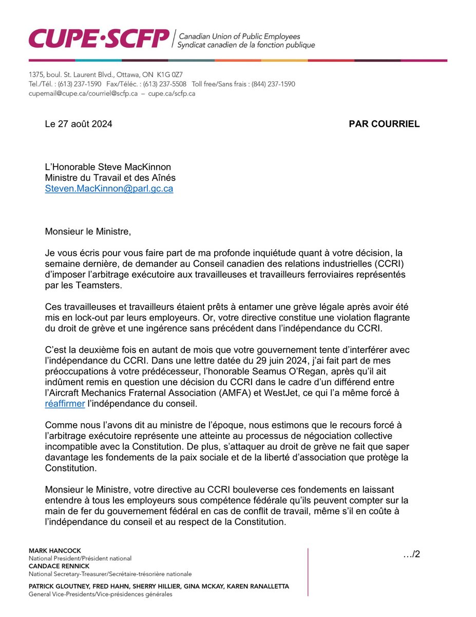 SCFPnat's tweet photo. Nous avons un message clair pour le ministre @stevenmackinnon: le recours forcé à l’arbitrage exécutoire est une atteinte au droit de grève incompatible avec la Constitution.  Les libéraux doivent respecter le processus de négociation collective. https://t.co/Viox1rlu4z