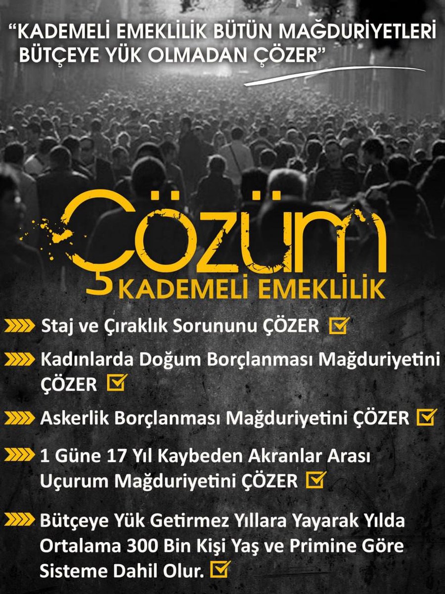 KADEMELİ EMEKLİLİK ANAYASAL HAKTIR.

Emeklilikte adil, kademeli bir sistemin bir an önce hayata geçirilmesi, yaşanan mağduriyetin giderilmesi gerekmektedir. 1 gün geç SGK girişine 17-20 yıl geç emeklilik adil değildir.

Kademeli Emeklilik hayata geçirilinceye kadar bu haklı