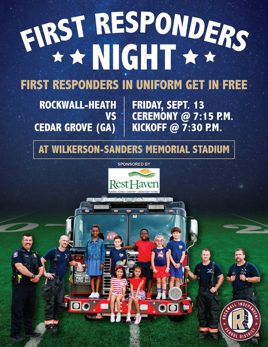 First Responders Night is coming soon and we'd like to recognize all first responders! Send a picture in uniform to communications@rockwallisd.org to be featured at the game! Join us on Sept. 13 at the WIlkerson-Sanders Memorial Stadium at 7:15 p.m. for a recognition ceremony.