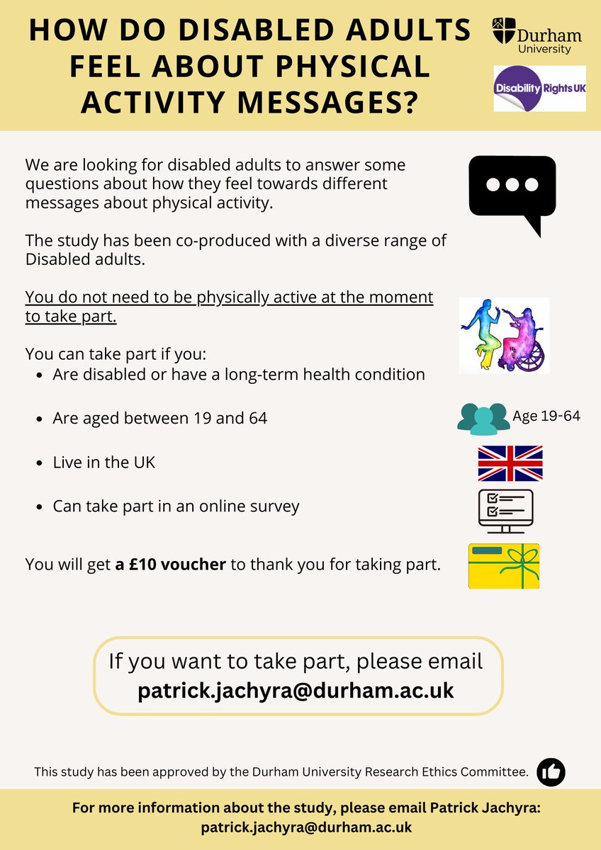 Patrick Jachyra (@patrickjachyra) on Twitter photo Looking to hear from disabled adults in the United Kingdom on how they feel about physical activity messages to complete an online survey.
Please see flyer for more details and email patrick.jachyra@durham.ac.uk if interested to participate. <a href="/GetYrselfActive/">Get Yourself Active at Disability Rights UK</a> Looking to hear from disabled adults in the United Kingdom on how they feel about physical activity messages to complete an online survey.
Please see flyer for more details and email patrick.jachyra@durham.ac.uk if interested to participate. <a href="/GetYrselfActive/">Get Yourself Active at Disability Rights UK</a>