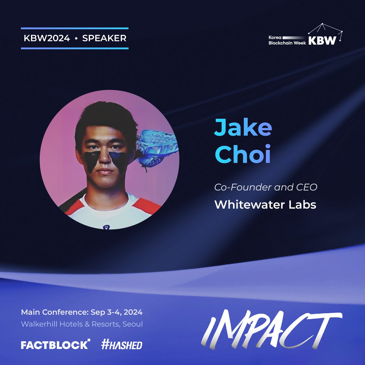 Speaker Announcement 🎙️

We're excited to announce that Jake Choi <a href="/jake_cryptokr/">Jake</a>, Co-Founder &amp; CEO of <a href="/Whitewater_Labs/">Whitewater Labs</a> will be speaking at #KBW2024: IMPACT!