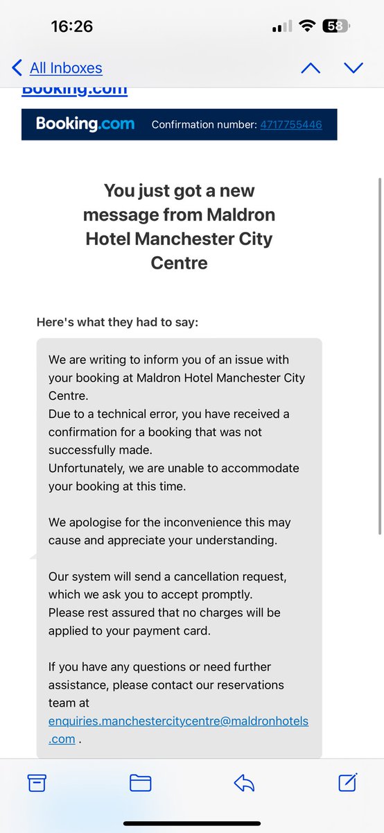 JodiePointon's tweet photo. @MaldronHotels @CTSI_UK Tell me why you are now truing to cancel my bookings after i booked 4 days ago so that you can re advertise at a higher rate after the Oasis announcement emailing me asking me to cancel due to errors is untrue#disgusting #tradingstandards #DoTheRightThing https://t.co/h11dgXieYZ