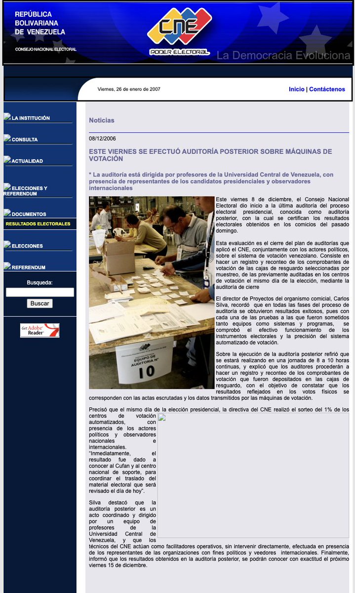 En otro hilo mostraba las notas de prensa del CNE después de las presidenciales de 2013 y 2018 promocionando las auditorías poselectorales para validar los resultados. Acá tienen las notas de prensa de la presidencial 2006. Todo lo que el CNE en 2024 se ha negado a realizar