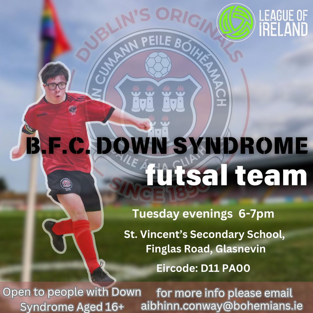 Bohsincommunity's tweet image. We are delighted to announce our brand new Down Syndrome Futsal Team 🔴⚫️ Our first session will be next Tuesday, Sept. 3rd in St. Vincent's Secondary School, Glasnevin. For further info please contact aibhinn.conway@bohemians.ie