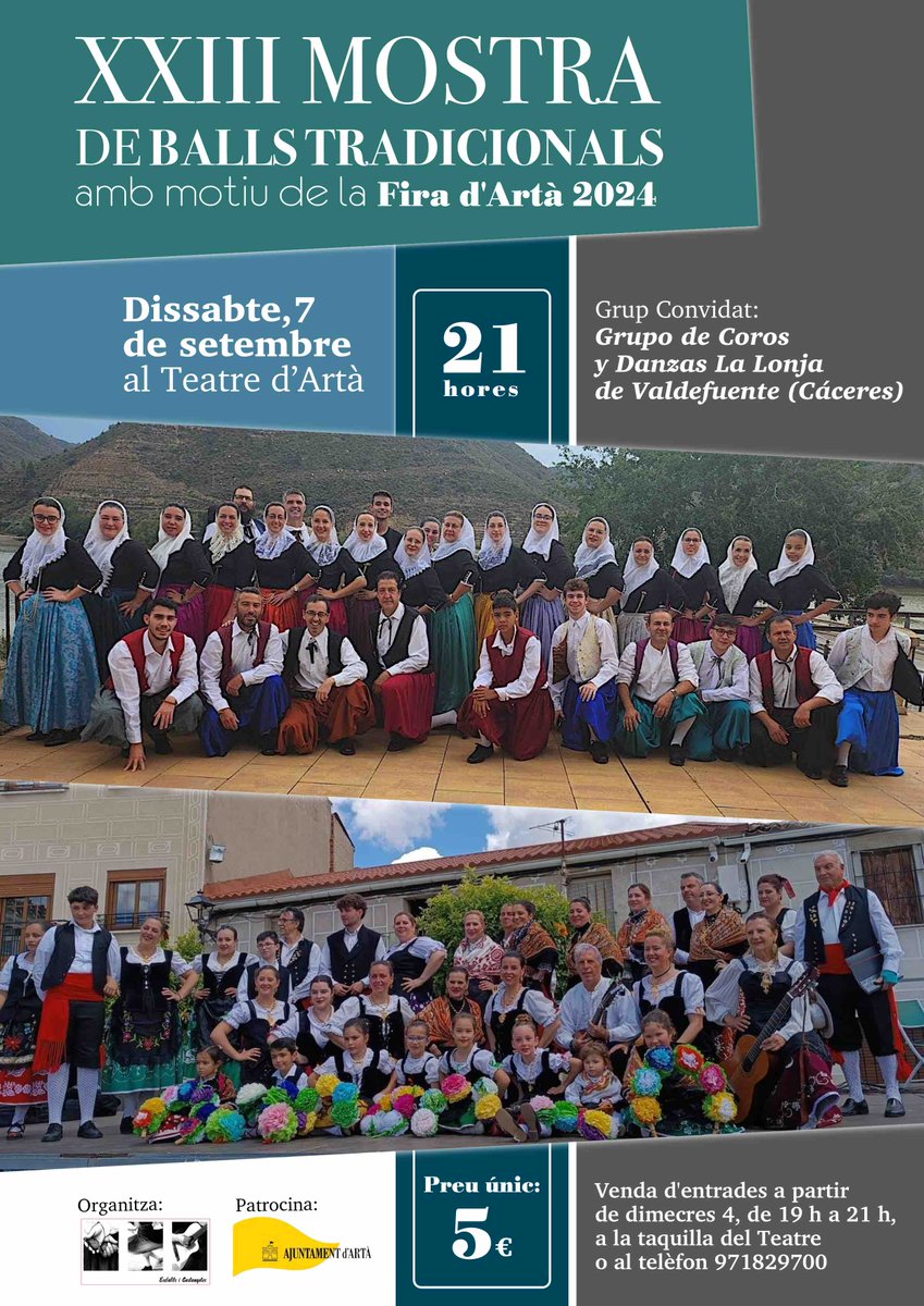 📣Coincidint amb la #FiradArtà, torna la #MostradeBallsTradicionals organitzada per Esclafits i Castanyetes en la seva XXIII edició. 
La convocatòria d'enguany comptarà amb la participació del 'Grupo de Coros y Danzas La Lonja de Valdefuentes', de Cáceres.🎟Preu únic: 5 €