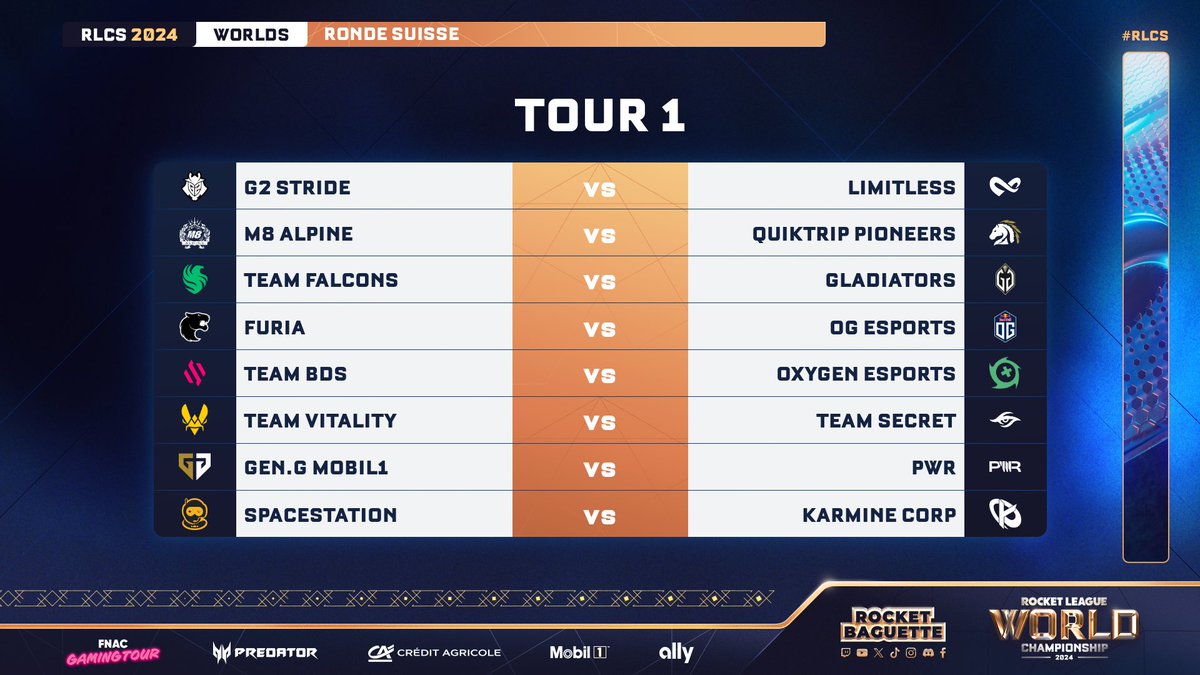 RocketBaguette's tweet photo. ‼️ On connait le PREMIER TOUR définitif des WORLDS #RLCS 2024 !

🇺🇸 @G2RocketLeague vs. @GGLimitless 🇿🇦
🇪🇺 @gentlemates vs. @PioneersGG 🇦🇺
🇸🇦 @FalconsEsport vs. @GaiminGladiator 🇯🇵
🇧🇷 @FURIA vs. @OGesportsRL 🇺🇸
🇪🇺 @TeamBDS vs. @OXG_RL 🇪🇺
🇪🇺 @TeamVitality vs. @teamsecret 🇧🇷
🇺🇸 @GenG vs. @TeamPWR 🇦🇺
🇺🇸 @Spacestation vs. @KarmineCorp 🇪🇺

Rendez-vous le 10 Septembre ! ⚡️