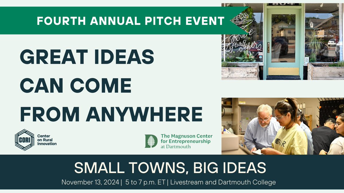 🗓️ Mark your calendars! Registration for our fourth annual Small Towns, Big Ideas pitch event opens NEXT week. For the first time, you can hear from the top rural tech entrepreneurs both in person and virtually! 
Bookmark the landing page now: 
ruralinnovation.us/community-impa…