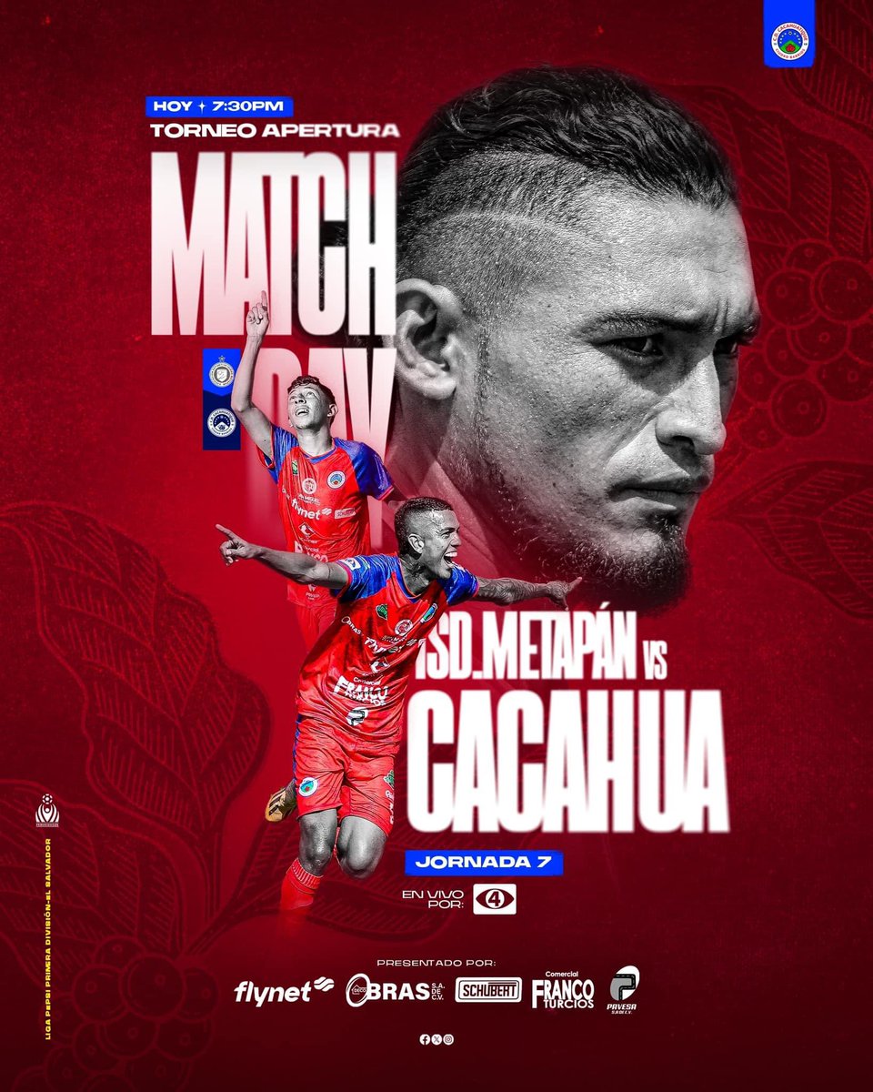 ⚽️ ¡Hoy jugamos, familia Cafetalera! 🔥
A.D. Isidro Metapán! 🆚 C.D. Cacahuatique 

📅 Miércoles 28 de agosto
🕒 7:30 PM
🏟️ Estadio Jorge Suárez Landaverde
🎟️ General: $6 | Sombra: $12 | Tribuna: $20
📺 Transmitido por Canal 4 

¡Juntos lucharemos por la victoria!