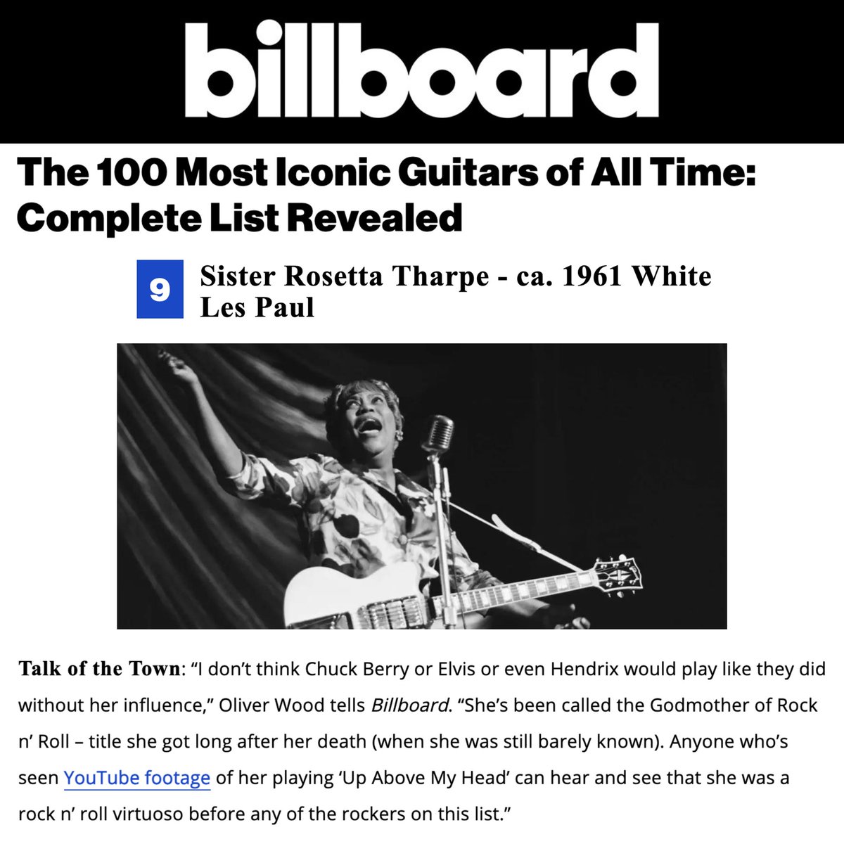 Check out <a href="/oliverwoodmusic/">Oliver Wood</a>’s thoughts on the legendary Sister Rosetta Tharpe in <a href="/billboard/">billboard</a>’s new '100 Most Iconic Guitars of All Time" list - out now! Full article at the link in bio.