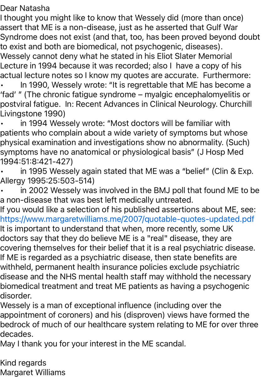 ABrokenBattery's tweet image. Margret Williams has written to Natasha Devon responding to Simon Wessely's claim that "he's never suggested that ME or Chronic Fatigue Syndrome are non diseases"