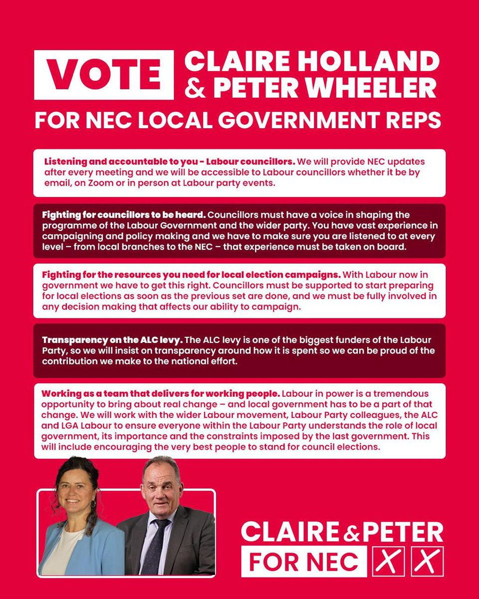 Labour to Win (@labtowin) on Twitter photo CALLING ALL LABOUR COUNCILLORS! 📣🌹
Ballots have NOW dropped for NEC Local Govt reps. This is in a separate email to the other internal ballots. 📧
We're backing <a href="/clairekholland/">Claire Holland</a> and Cllr Peter Wheeler! Check out their campaign below! 👇 CALLING ALL LABOUR COUNCILLORS! 📣🌹
Ballots have NOW dropped for NEC Local Govt reps. This is in a separate email to the other internal ballots. 📧
We're backing <a href="/clairekholland/">Claire Holland</a> and Cllr Peter Wheeler! Check out their campaign below! 👇