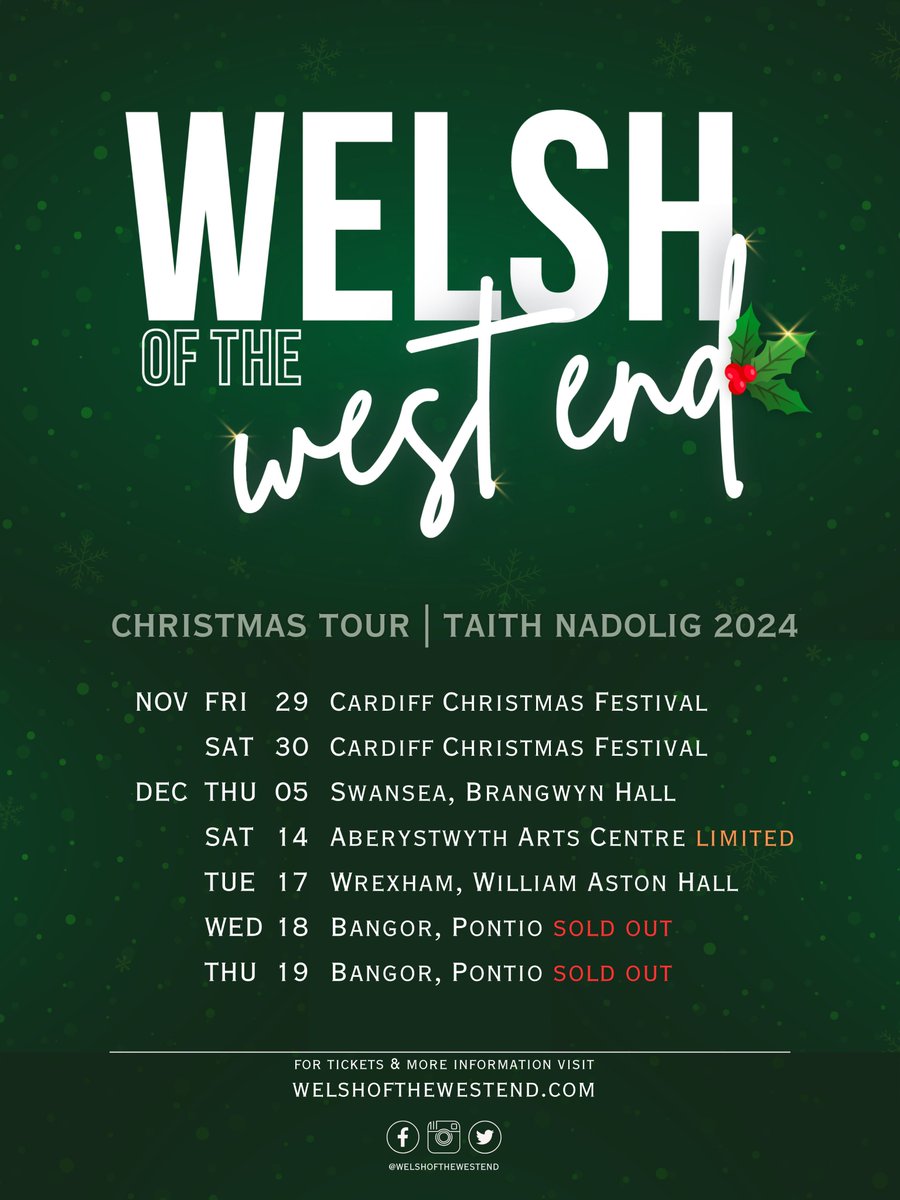 Welsh of the West End (@welshwestend) on Twitter photo Tickets are selling fast for our Christmas Tour - don't miss out! 🌲 Catch us at <a href="/aberystwytharts/">Canolfan y Celfyddydau Aberystwyth Arts Centre</a>, <a href="/TheBrangwyn/">The Brangwyn</a>, <a href="/WilliamAstonWXM/">Neuadd William Aston Hall - Wrexham</a>, <a href="/PontioTweets/">PontioTweets</a> and Cardiff (<a href="/_liveunderstars/">Live Under the Stars</a>) 🎅 TICKETS: rb.gy/jwhijy Tickets are selling fast for our Christmas Tour - don't miss out! 🌲 Catch us at <a href="/aberystwytharts/">Canolfan y Celfyddydau Aberystwyth Arts Centre</a>, <a href="/TheBrangwyn/">The Brangwyn</a>, <a href="/WilliamAstonWXM/">Neuadd William Aston Hall - Wrexham</a>, <a href="/PontioTweets/">PontioTweets</a> and Cardiff (<a href="/_liveunderstars/">Live Under the Stars</a>) 🎅 TICKETS: rb.gy/jwhijy
