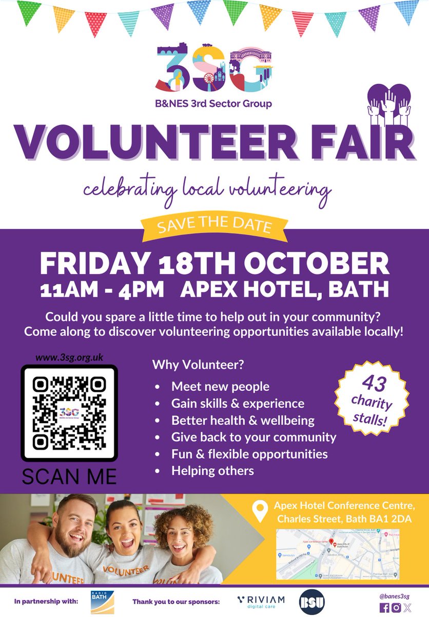 Come along and find out more about volunteering at the Annual Volunteer Fair -  Apex Hotel, Bath - 18th October 24.