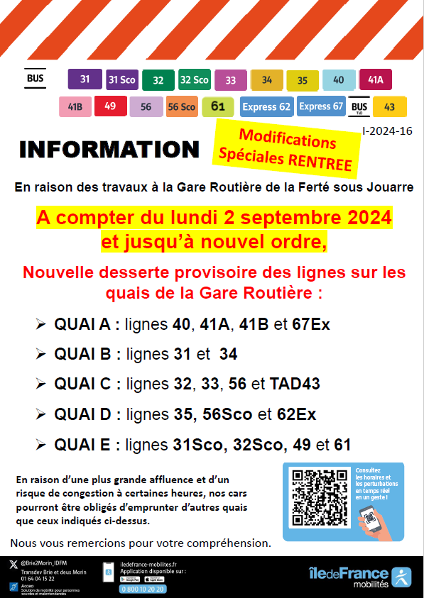 Brie2Morin_IDFM's tweet photo. 🚍#InfoTrafic
📢Lignes : #L31 #31Sco #L32 #32Sco #L33 #L34 #L35 #L40 #L41A #L41B #TAD43 #L49 #L56 #56Sco #62Ex #67Ex
🗓️A partir du mardi 2 septembre 2024
🚧Travaux Gare SNF de La Ferté sous Jouarre
‼️ NOUVEAU CHANGEMENT DANS L'AFFECTATION DES QUAIS ‼️ https://t.co/xlX1j3zibq