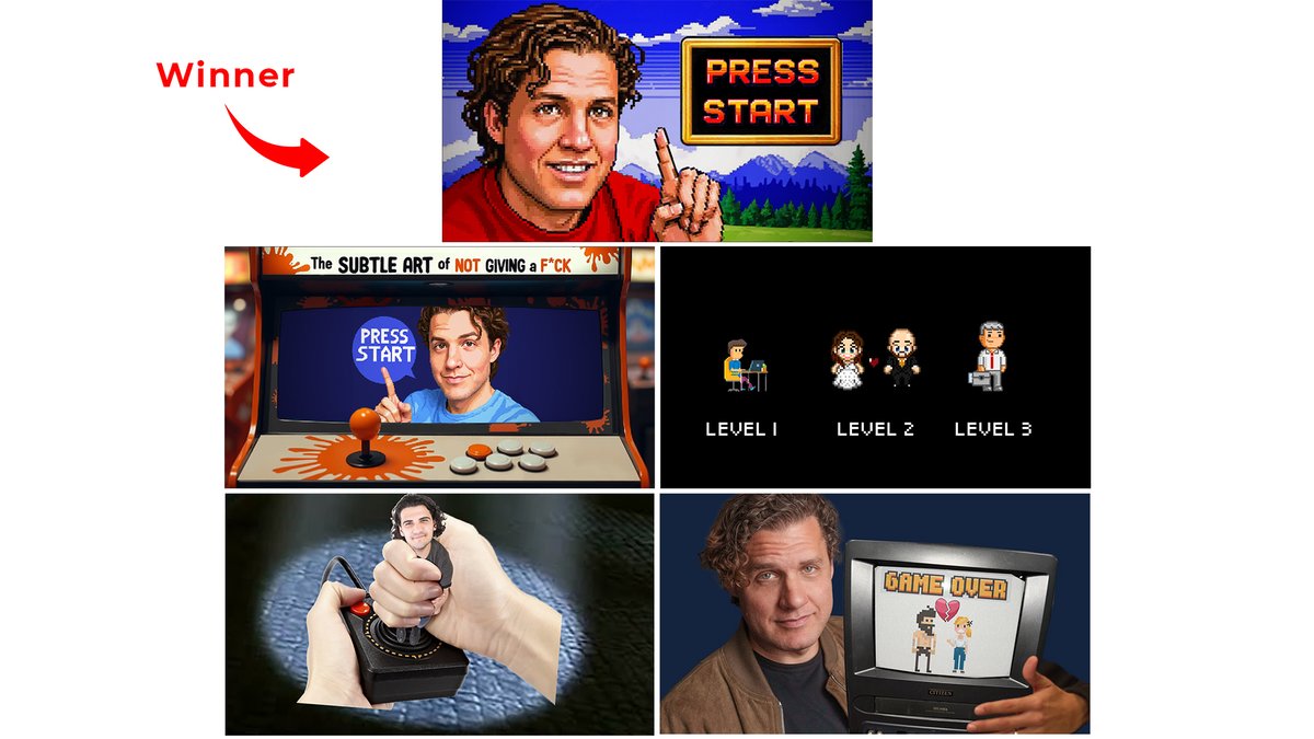 devinrobbins's tweet photo. "Life is a Video Game, These Are the Cheat Codes" is the latest video from @markmanson .

It's a 1/10 with a much higher CTR than usual. Here are some concepts that got cut at various points of development, but ultimately led us to the final image.
(made by @thumbnailgrail)