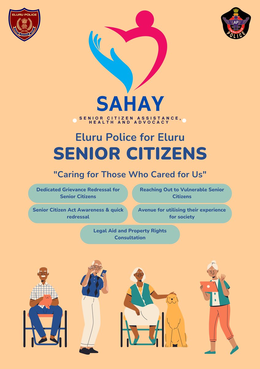 SpEluruDistrict's tweet photo. Eluru police along with Revenue launched #SAHAY to reach out to vulnerable senior citizens. Prioritising their grievances, Vulnerable Seniors malling through GMSKs, incorporating their houses in beat patrolls, home visits by police to boost their confidence, legal aid to abandoned seniors are the priorities. Eluru Senior Citizen Associations welcomed the initiative by pledging their active support and involvement
@APPOLICE100 #Police #Service #IPS #Elurupolice #cybersecurity #cybercrime #awareness #roadsafety #goodwork #APHomeMinister #HM #Empathy #APPolice #EluruPolice #Service #FirstResponders #CMO #seniorcitizens @appolice.100