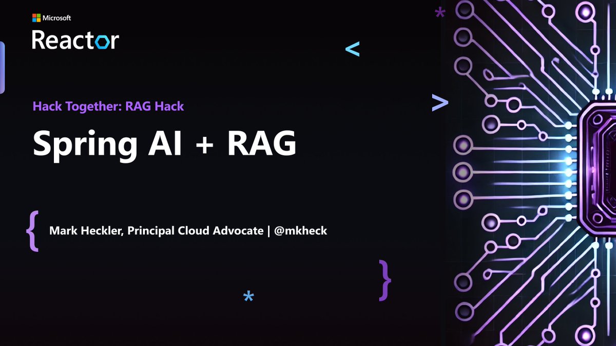 Mark⚡️Heckler 🤖🛩️ (@mkheck) on Twitter photo Join me for #RAGHack, a global hackathon to build #Java & #AI apps w/RAG (Retrieval Augmented Generation)!
Come to my session on RAG w/#SpringAI: aka.ms/raghack/spring…
Details here: aka.ms/raghack
Register now!: aka.ms/raghack/regist…
<a href="/JavaAtMicrosoft/">Java at Microsoft</a> <a href="/MSAzureDev/">Microsoft Azure Developers</a> Join me for #RAGHack, a global hackathon to build #Java & #AI apps w/RAG (Retrieval Augmented Generation)!
Come to my session on RAG w/#SpringAI: aka.ms/raghack/spring…
Details here: aka.ms/raghack
Register now!: aka.ms/raghack/regist…
<a href="/JavaAtMicrosoft/">Java at Microsoft</a> <a href="/MSAzureDev/">Microsoft Azure Developers</a>