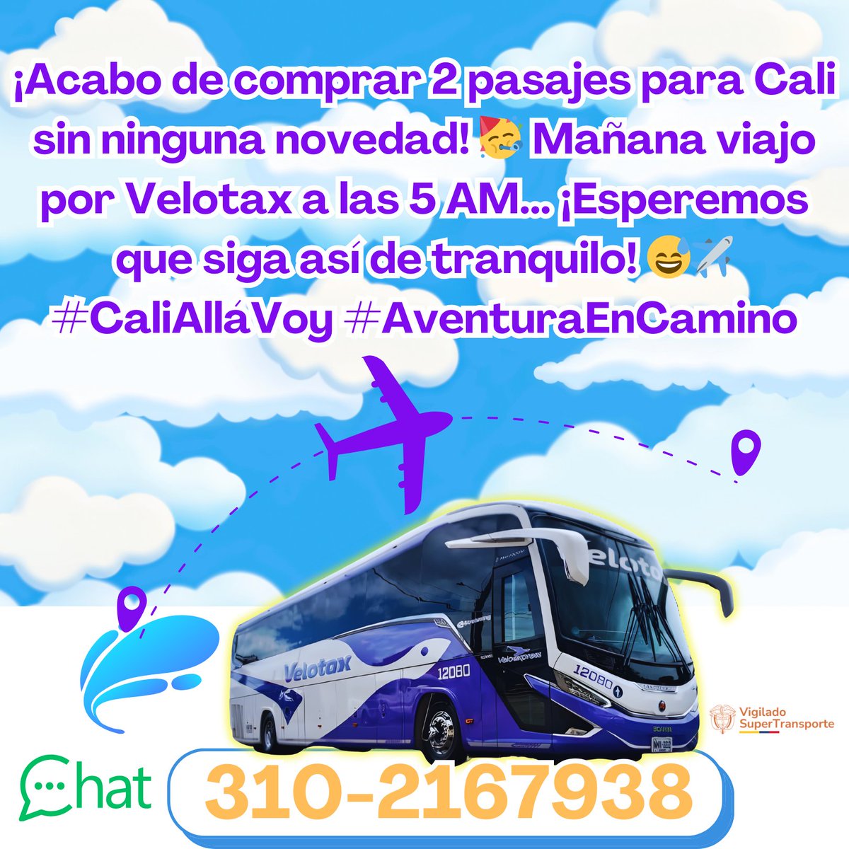 ¡Acabo de comprar 2 pasajes para Cali sin ninguna novedad! 🥳 Mañana viajo por Velotax a las 5 AM... ¡Esperemos que siga así de tranquilo! 😅✈️ #CaliAlláVoy #AventuraEnCamino       310-2167938
