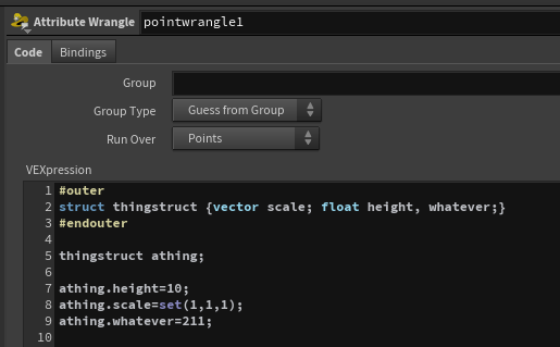 TIL: 
If you want to use a struct in a wrangle you can do this to force the compiler to run it as "outer code":