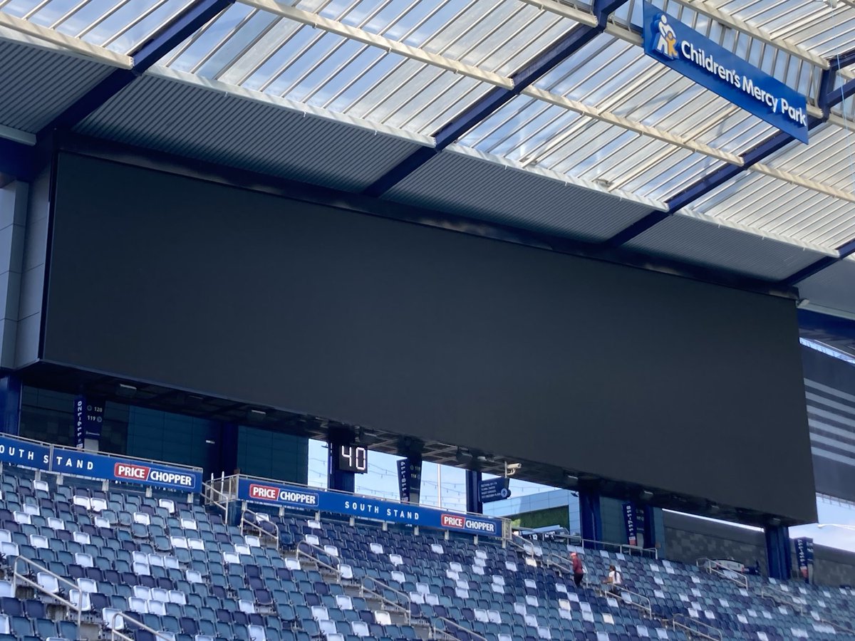 todpalmer's tweet photo. Staff is hard at with changing ⁦@cmpark⁩ from a soccer setup for ⁦@SportingKC⁩’s ⁦@opencup⁩ semifinal win last night to a football setup for ⁦⁦@KU_Football⁩’s season opener tomorrow against Lindenwood. Play clocks, guides ropes for the nets, painting. https://t.co/ETAH9uYXd1