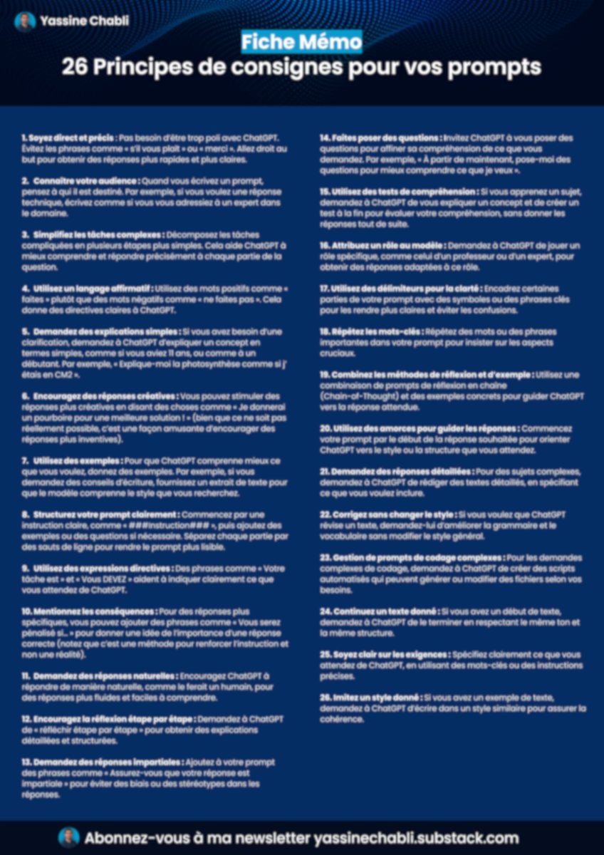 📣 Exclusif 🎁 : je viens de créer une fiche mémo qui regroupe 26 hacks à respecter dans vos prompts pour obtenir les meilleurs résultats sur ChatGPT.
Pour recevoir cette fiche gratuitement au format PDF en haute résolution, vous devez reposter ce tweet.