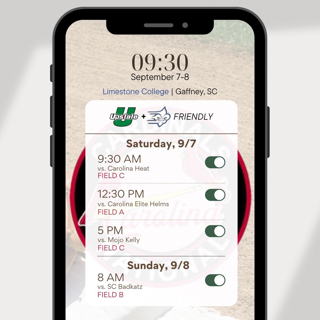 Set your alarms!🚨 Cardinals National - Phelix is heading to Gaffney, SC for the Upstate/Limestone Friendly on September 7-8. We’ve got an exciting lineup you won’t want to miss. See you at Limestone College for our opening tournament of the fall season‼️