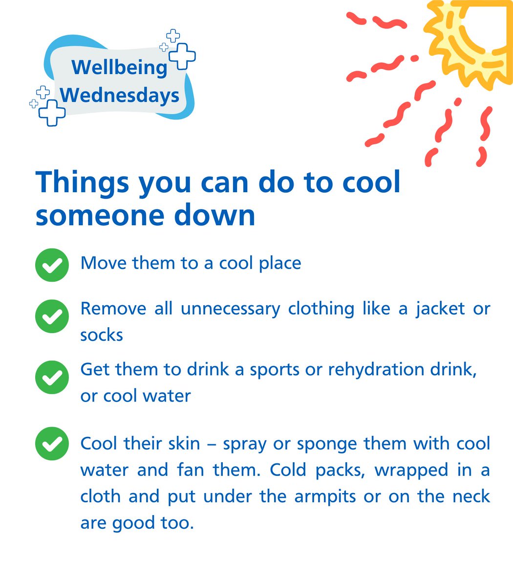 It's #WellbeingWednesday 🩺🌱

As we enjoy the warmer weather, stay safe in the heat:
🚰Drink plenty of fluids 
🚿Take cool showers 
☕Avoid alcohol and caffeine
👒 Wear loose light clothing and a hat

For more👇
nhs.uk/conditions/hea…

#HeatStroke #summerwellness