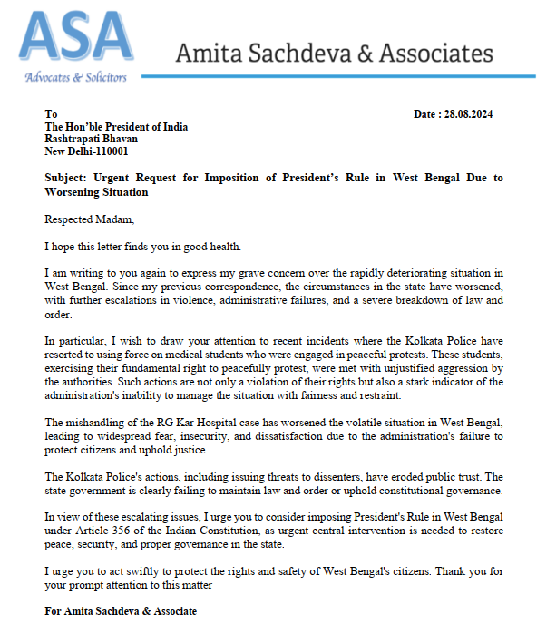 SachdevaAmita's tweet photo. I have sent a 2nd Request Letter to the Hon'ble President of India @rashtrapatibhvn, urging the imposition of President’s Rule in West Bengal due to the worsening situation in the state.
