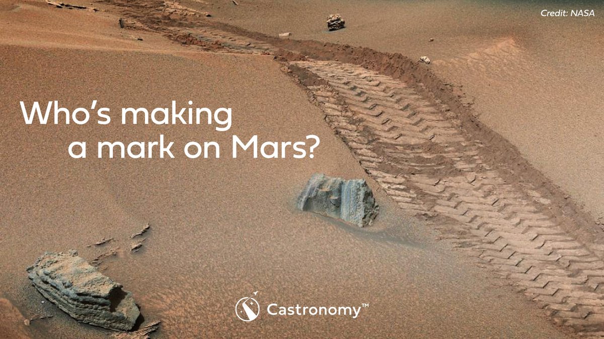 Castrol's tweet image. Feeling curious about these tracks? 🤔
It’s easy to forget sometimes that there are man-made rovers exploring the surface of Mars and making discoveries daily. 

Perseverance and Curiosity – we salute you!  Which rover do you think this was?

#Castronomy #MarsRovers #NASA