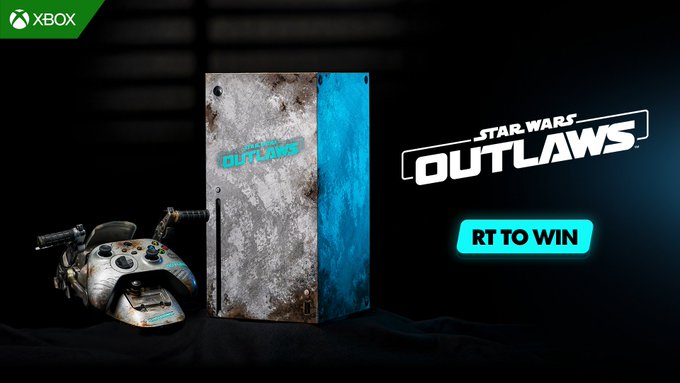 Image: https://pbs.twimg.com/media/GWFKiBkW4AA8RGz?format=jpg&name=small An image of a custom Star Wars Outlaws themes Xbox Series X Console Controller on a black background The Star Wars Outlaws logo is on the right with RT to Win below The Xbox logo is in the top left corner