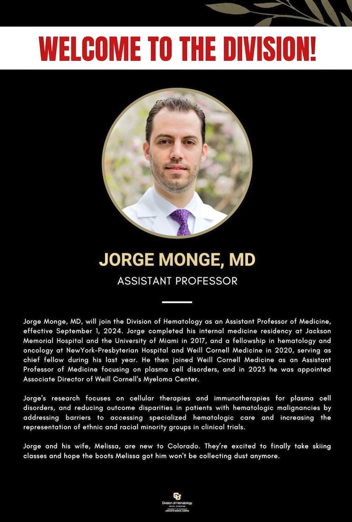 CU Lymphoma Program (@culymphoma) on Twitter photo Welcome to <a href="/JMongeMD/">Jorge Monge, MD</a> who is joining our <a href="/CUHematology/">CU Anschutz Division of Hematology</a> myeloma division! #mmsm cc <a href="/CUCancerCenter/">CU Cancer Center</a> <a href="/CUDeptMedicine/">CU Department of Medicine</a> Welcome to <a href="/JMongeMD/">Jorge Monge, MD</a> who is joining our <a href="/CUHematology/">CU Anschutz Division of Hematology</a> myeloma division! #mmsm cc <a href="/CUCancerCenter/">CU Cancer Center</a> <a href="/CUDeptMedicine/">CU Department of Medicine</a>