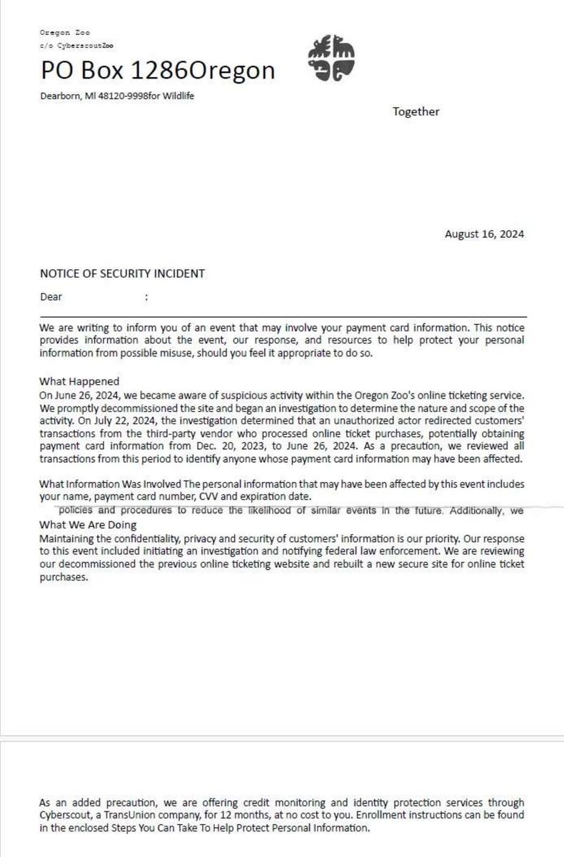 alexonet's tweet photo. Portland Oregon's Zoo's vendor used to process credit cards was a victim of a cyber attack.  Has your business properly vetted your vendors? How would this impact your business if you had to send out letters like this?

#laexonet #portlandzoo #cyberrisk #pii https://t.co/saFnQR9fx3