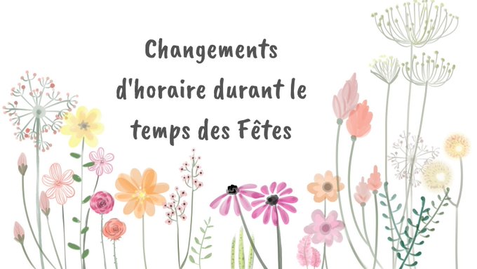 Photo d'arrière-plan de fleurs sauvages multicolores.En haut et au centre du graphique, en texte noir  « Changement d’horaire durant le temps des fêtes ».