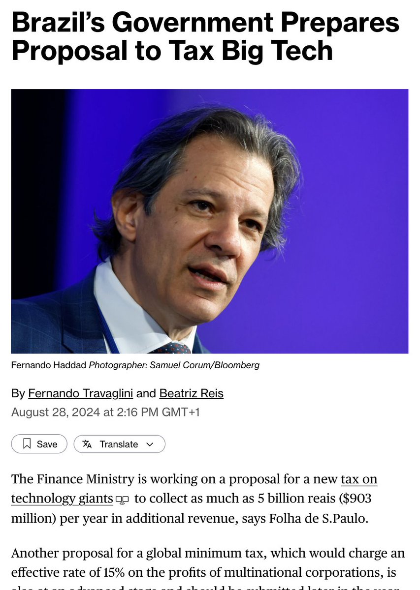 Brazil 🇧🇷 plans a new tech tax to raise $900m annually, alongside a 15% global minimum tax on multinationals.

It signals a trend in emerging markets to assert greater control over digital revenues, which could influence global tax policies and investment flows.

📰 <a href="/business/">Bloomberg</a>