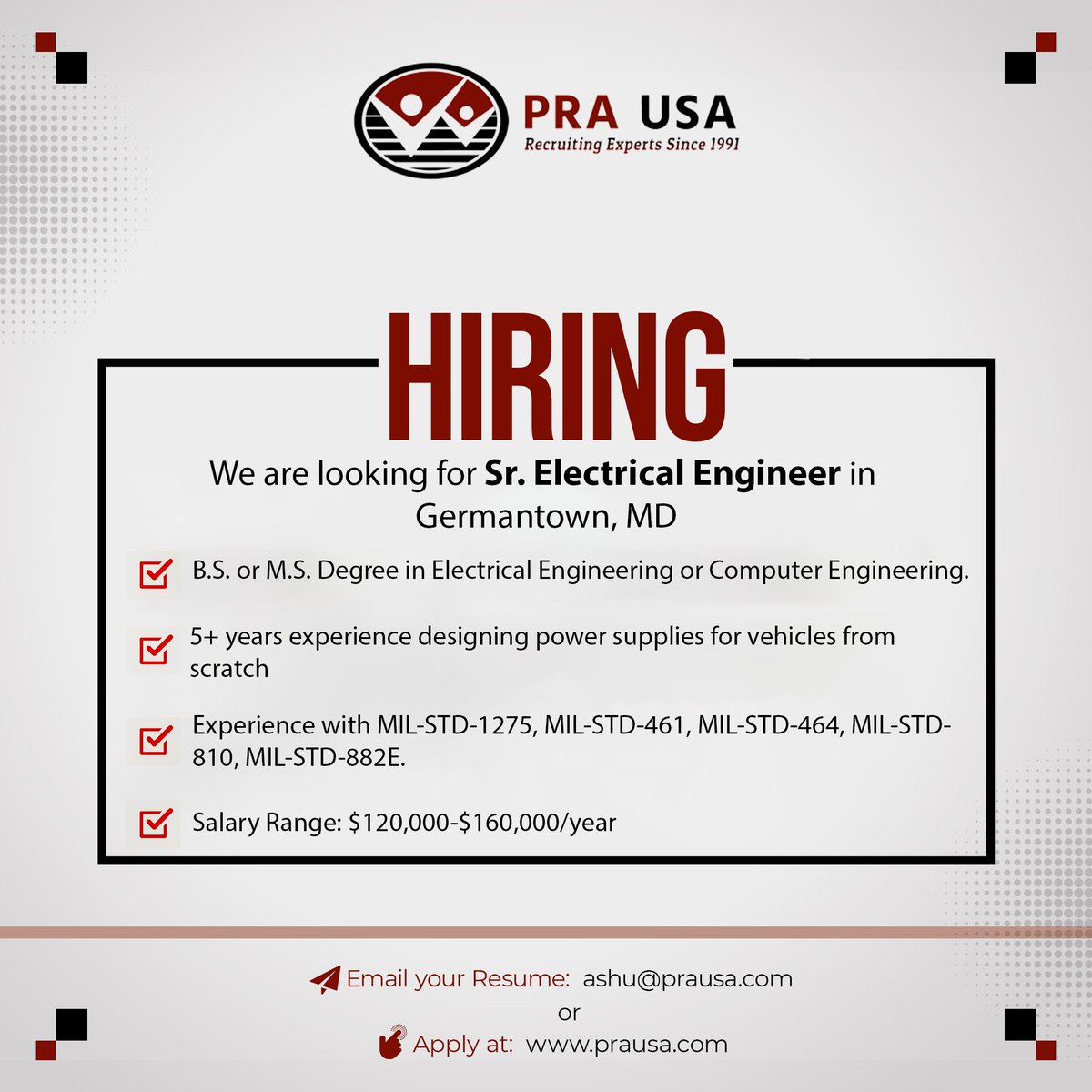 THEPRAGROUP's tweet image. We&apos;re #activelylooking for 𝗦𝗿. 𝗘𝗹𝗲𝗰𝘁𝗿𝗶𝗰𝗮𝗹 𝗘𝗻𝗴𝗶𝗻𝗲𝗲𝗿 in Germantown, MD. Would you like to recommend someone? We offer a $1000 referral bonus on all successful placement.

Apply Here - bit.ly/3yzWlDh

#SrEngineerHardware
#HardwareJob
#MaryLandJob
#PraUsa