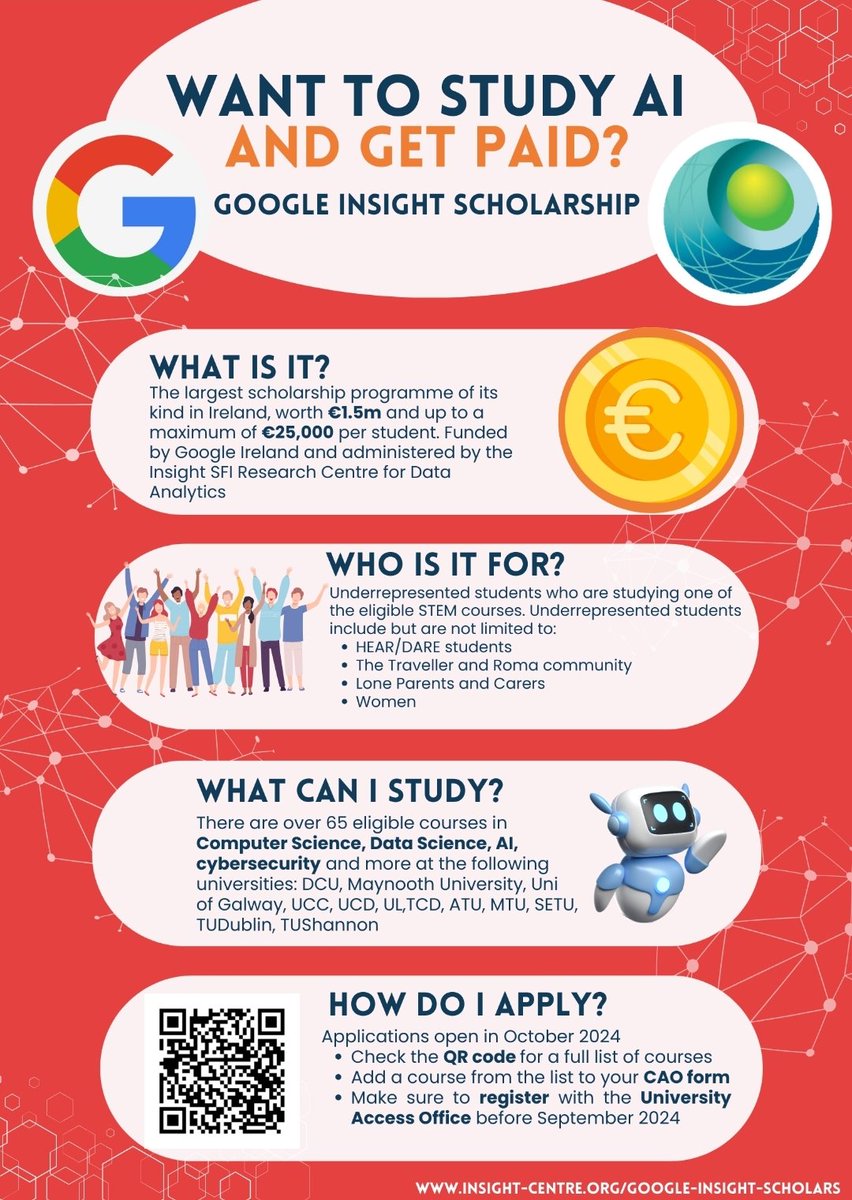 🎓 Attention Future STEM Stars! 🚀

Have you received CAO offer today?

Are considering a STEM course with a focus on AI/cybersecurity?

Are you from an underrepresented  group?

If so,you might be eligible for our 5k scholarship! 

Register for info ⏬️

forms.gle/rW7bdBdJoGsDHg…