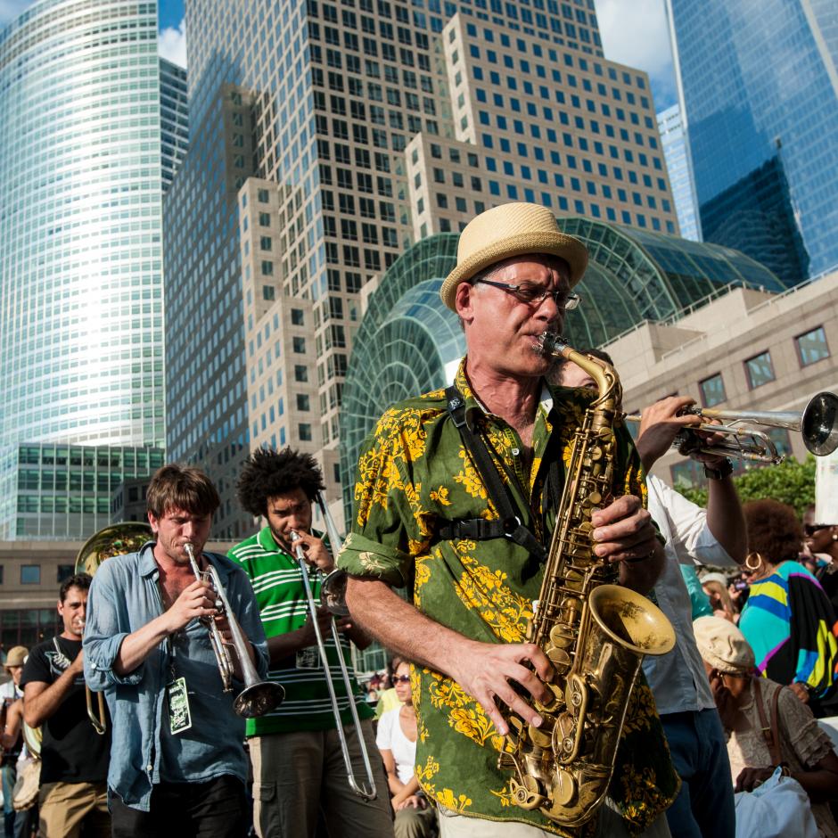 Join us for Broadway Rhythm! Live now with the funky jazzy sounds of Underground Horns, at 39th &amp; Broadway until 2pm