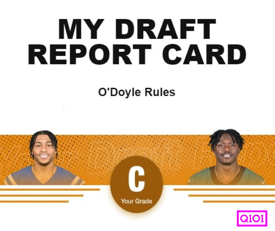 Q101Chicago's tweet photo. A C?!?!?! A frickin' C?! Josh Allen, Johnathan Taylor, A.J. Brown, DK Metcalf, Jaylen Waddle, Mark Andrews... how the hell did I get a C?! <3 @laurenoneil #fantasyfootball #ODoyleRules https://t.co/PR2i4iX2KV