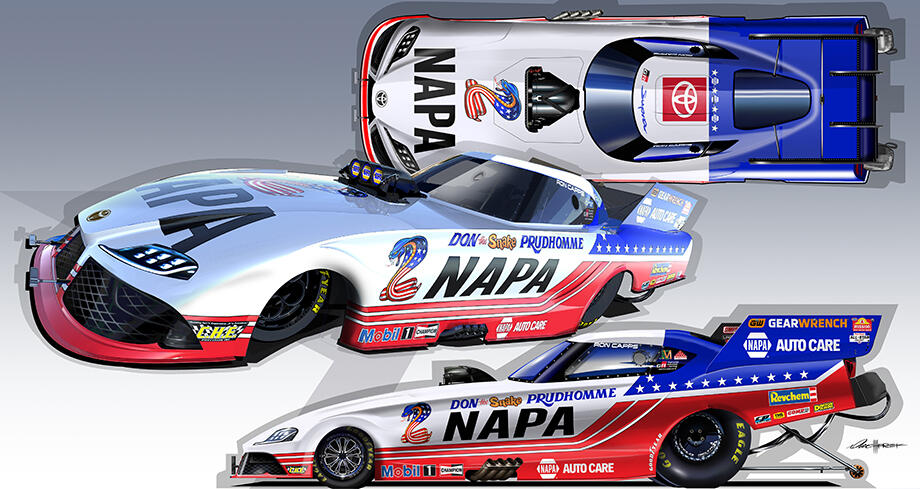 NHRADragster's tweet image. WOW!! @RonCapps28 will pay tribute to his former team owner @DonPrudhomme again at this weekend’s @Toyota NHRA #USNats with a special red, white, and blue livery modeled after "Snake's" famed Army Funny Car.

nhra.com/news/2024/capp…