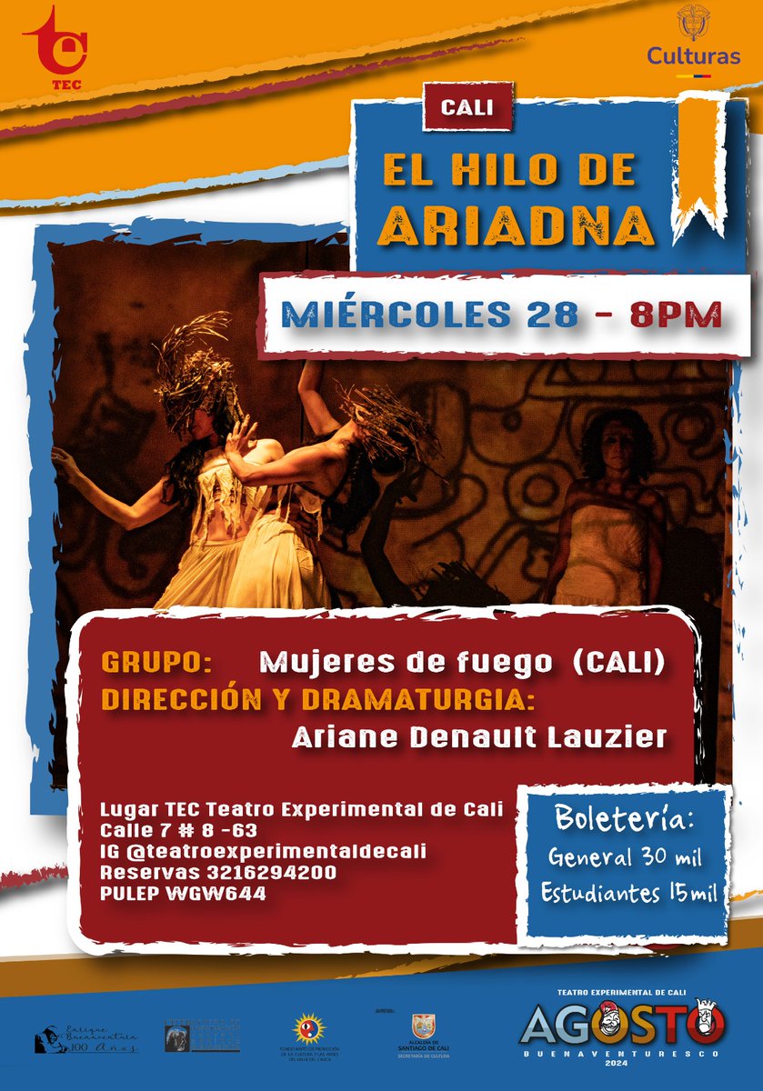 HOY MIÉRCOLES 28 EN EL TEC
                            8PM
               Mujeres de fuego
               "El Hilo de Ariadna"
Ariadna rechaza el papel de mujer abandonada que le ha impuesto el mito original “El hilo de Ariadna”. Consciente del poder de su hilo...