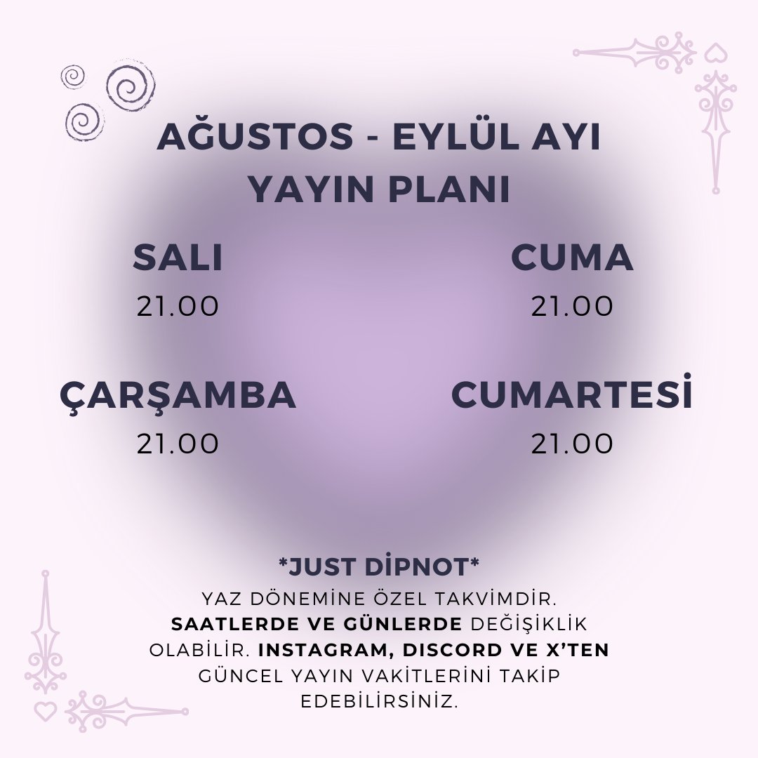 Bugünden itibaren yayın saatlerimiz değişti. Bu ay bol bol yayın yapalım istiyorum. Bazı haftalarımızda perşembe günlerine de yayın ekleyebilirimm 🤍🤍🤍