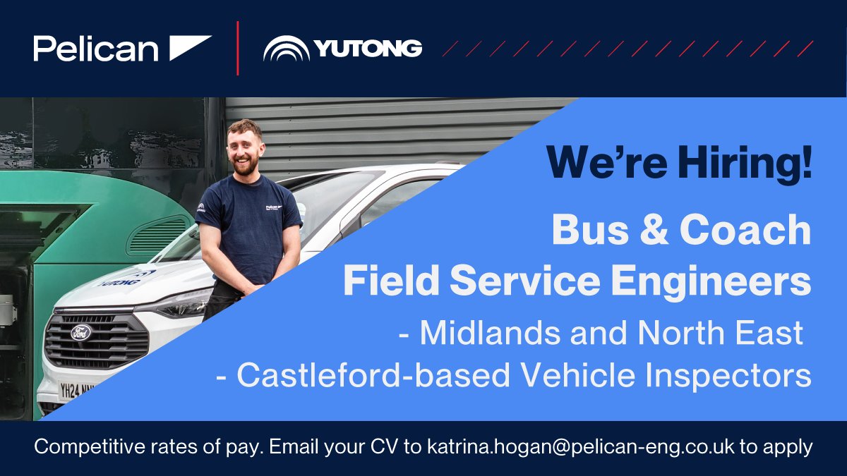 PelicanYutong's tweet photo. We are #hiring
Pelican Bus + Coach seeks experienced Bus & Coach Field Service Engineers in the Midlands and North East, and for Vehicle Inspectors in Castleford, West Yorkshire.
Please email your CV to katrina.hogan@pelican-eng.co.uk to apply.
#engineerjob #Bus #Coach https://t.co/YOJcPL8SFY