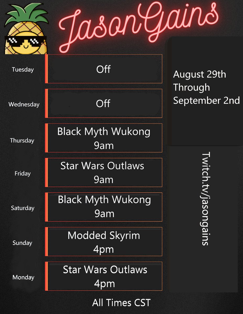 JasonGainz's tweet photo. Happy midweek everyone! Here is the line up, hope to see everyone there, can't wait for more @StarWarsOutlaws  and to see @BlackMythGame ! 🍍🎤 #UCute #FiteMe https://t.co/gWZdmhSJIg