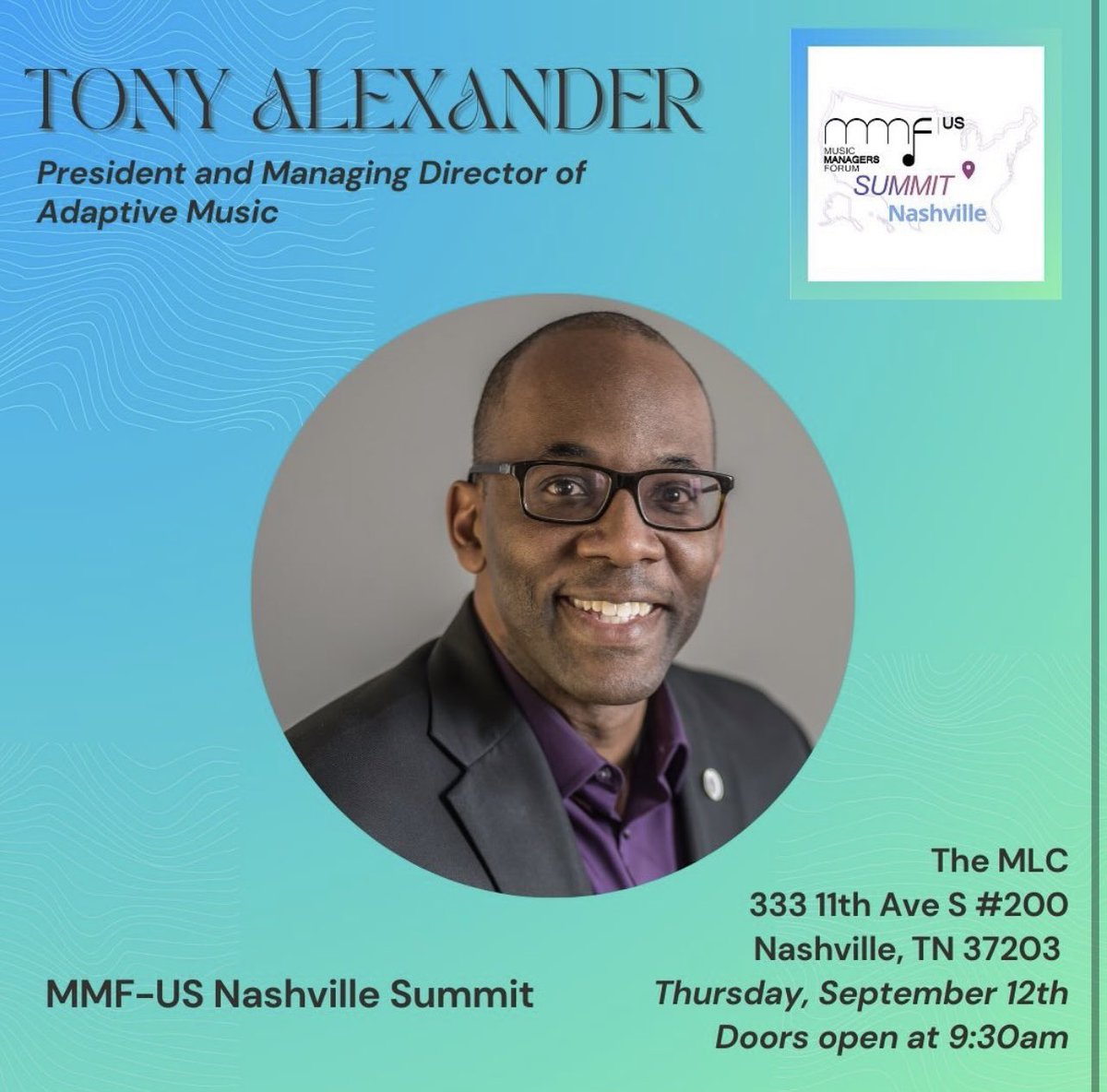 AdaptiveMusic_'s tweet photo. Exciting News! Our Managing Director, Tony Alexander, will be sharing his insights at the MMF-US Nashville Summit on September 12th! 🚀 Come learn about Adaptive Music while connecting with music industry professionals - Don’t miss out on this opportunity to learn from the best! https://t.co/E6HueKq7ce