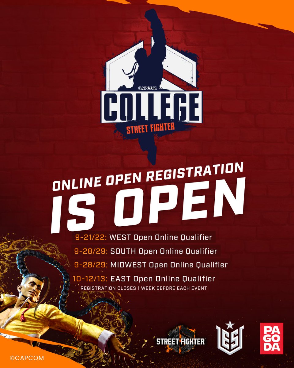 EsportsUGaming's tweet photo. Registration for 𝐂𝐨𝐥𝐥𝐞𝐠𝐞 𝐒𝐭𝐫𝐞𝐞𝐭 𝐅𝐢𝐠𝐡𝐭𝐞𝐫 is now Open! Get your school ready to compete in this year long series of #CSF and see who wins a spot at #CECCTexas2025.

Get registered before your region closes!
🟠West Online Open: 9-21/22 (Closes Sep 14th)
🟣South Online open: 9-28/29 (Closes Sep 21st)
🔵Midwest Online Open 9-28/29 (Closes Sep 21st)
🟢East Online Open 10-12/13 (Closes Oct 5th)

Registration Here: https://t.co/cYBeBmuJuP
Discord Here: https://t.co/pn6VjmYhlH

@collegiatesmg @esports_foundry @CapcomUSA_ @StreetFighter #StreetFighter6 #StreetFighter #college