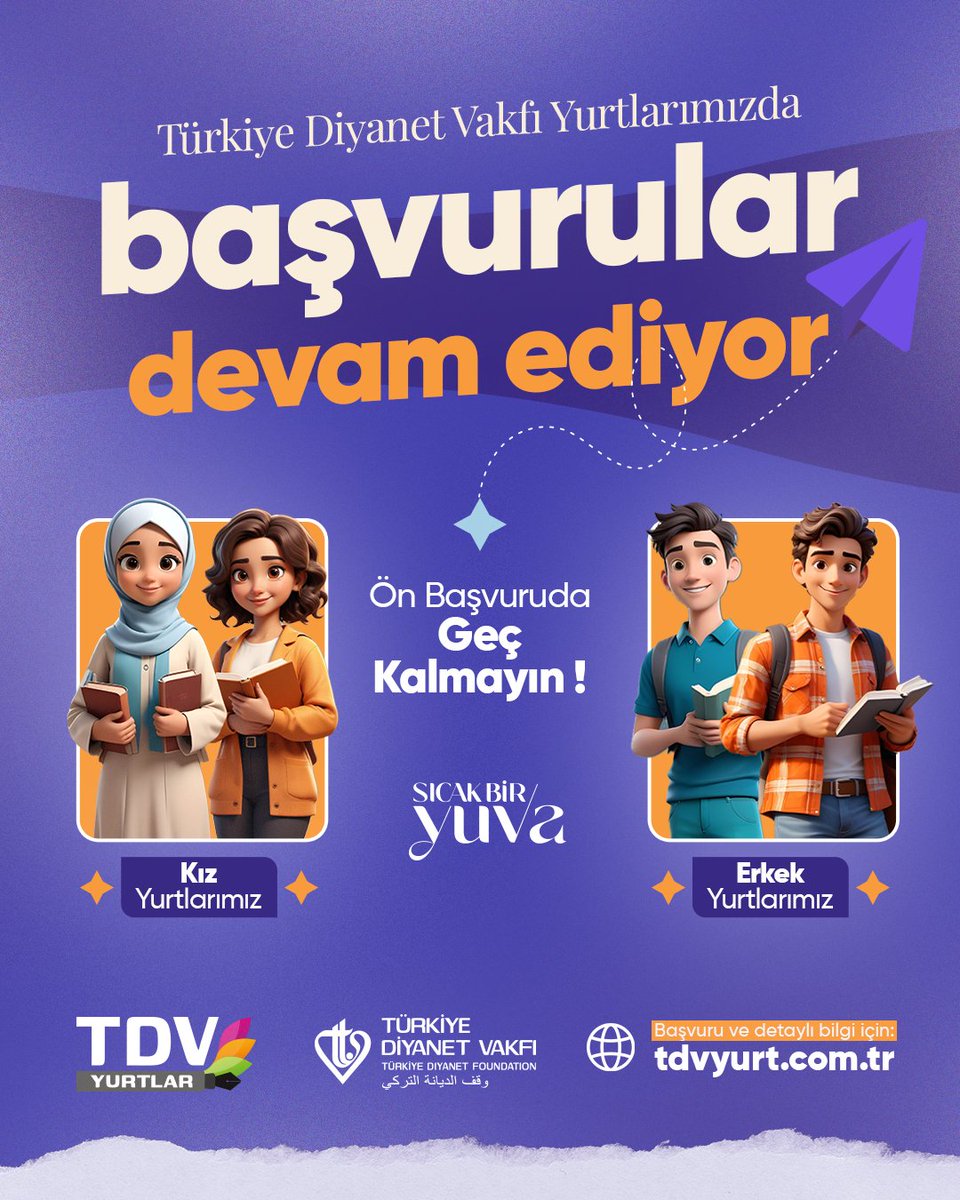 tdvyurtlar's tweet image. 📍 TDV Yurtlarımızda Başvurular Devam Ediyor!

Ülke genelinde 29 ilde, 36 kız ve 16 erkek olmak üzere, toplamda 52 yükseköğrenim yurduyla öğrencilerimize "Sıcak Bir Yuva" imkânı sağlıyoruz.

Başvurularınız için:
🌐 tdvyurt.com.tr

#SıcakBirYuva #ykstercih #yurt #tdvyurt