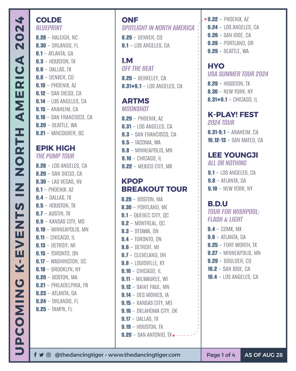 TheDancingTiger's tweet photo. 8/28 Update of upcoming Korean events in North America!
#kpop #khiphop #krnb #kpoptours #kpopconcerts #koreanevents https://t.co/ts5p02K2hd