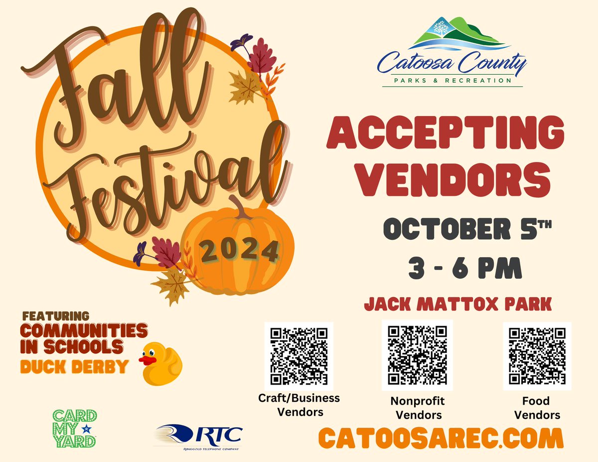 Fall Festival is coming up Sat., Oct. 5 &amp; Catoosa Co. Parks &amp; Rec is signing up vendors for crafts, businesses, non-profits &amp; food! Scan QR codes below for more info &amp; to sign up. Visit the office at 749 Pine Grove Road.
<a href="/catoosaconnects/">Catoosa County Chamber of Commerce</a>