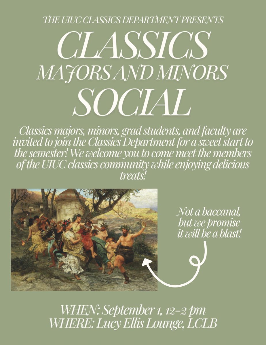 Calling all Classics majors, minors, grad students, and faculty! Please join us Sunday, September 1st for a social event to get to know the department. There will also be sweet treats provided by Art Mart!!